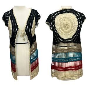 Coco Roja Crochet Vest Womens S Black Multicolor Open Front Cardigan Hippie Boho